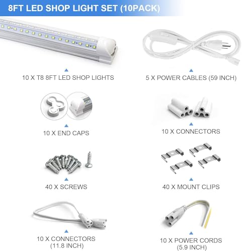 10-Pack 8ft LED Shop Light Fixture - 90W T8 Integrated LED Tube Light - 6500K 12000LM V-Shape Linkable - High Output - Clear Cover - Plug and Play - 270 Degree Lighting for Garage, Shop, Barn
