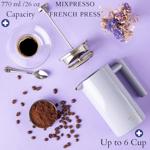 Mixpresso Stainless Steel French Press Coffee Maker 27 Oz 800 ml, Double Wall Insulated French Press Stainless Steel, Easy Clean Tea Brewer, Easy Press Durable Metal Coffee Press