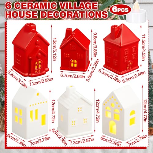 6 Pcs Ceramic Christmas Village Houses LED Lighted Christmas Village Sets Holiday Gift for DIY Winter Holiday Miniature Porcelain House Figurines for Home Tabletop Mantel Shelf Decor(Green and White)
