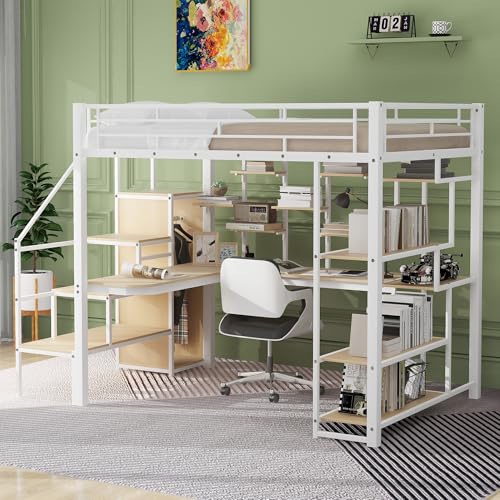 Full Size Loft Bed with L-Shaped Desk, Wardrobe and Adjustable Shelf, Metal High Loft Bed Frame with USB Charging Ports, LED Light Strip and Storage Stairs for Kids Teens Adults (Black-12, Full)