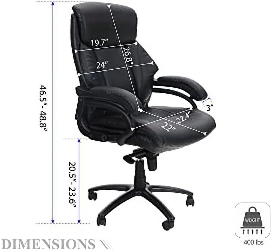 TJUNBOLIFE Office Chair Executive High Back Chiar Massage Computer Desk Task Ergonomic Chair Big and Tall with Metal Base  Load Capacity  400 lbs  PU Leather - Black