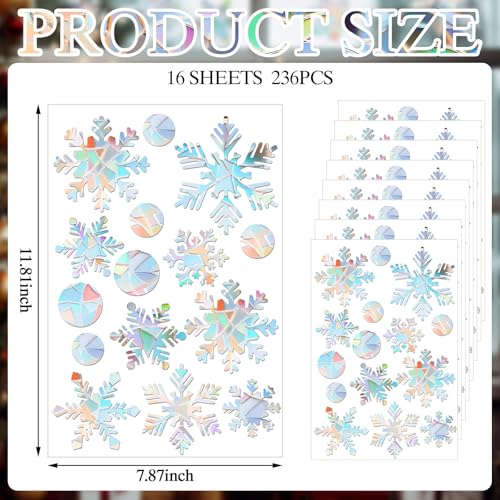 Cholemy 236 Pcs Christmas Winter Snowflake Window Clings for Glass Prismatic Christmas Decor Anti Collision to Save Bird from Window Winter Non-adhesive Rainbow Reusable Clings for Xmas Party