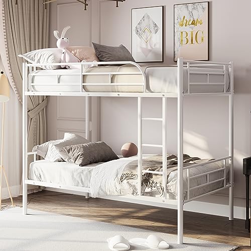 Merax Twin Over Twin Metal Bunk Bed with Ladder and high Guardrail, Able to Split, Storage Space, No Box Spring Needed, Noise Free,Silver