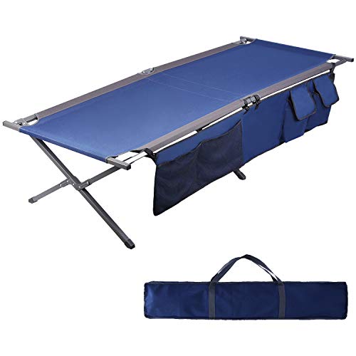 PORTAL Folding Portable Camping Cot, Guest Bed with Carry Bag and Side Storage Organizer, Camping Cots for Adults Sleeping, Away Tent Sleeping Cot Bed, Supports 300 LBS, Blue