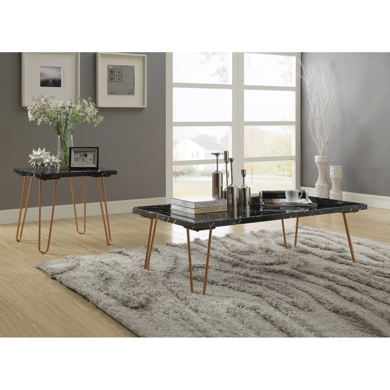 Black Marble Top End Table With Metal Hairpin Style Legs In Gold- Saltoro Sherpi
