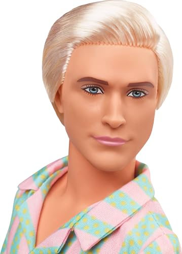 Barbie The Movie Ken Doll Wearing Pastel Pink and Green Striped Beach Matching Set with Surfboard and White Sneakers