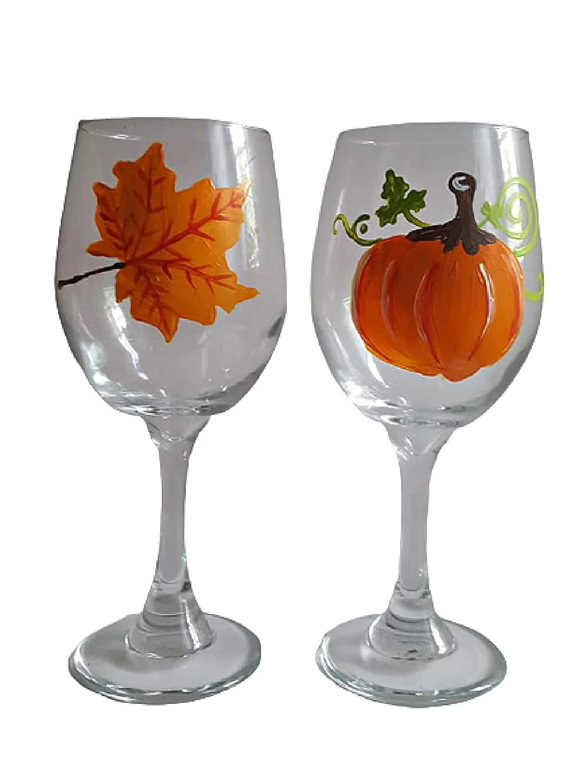 Orange Maple Leaf Pumpkin Hand Painted Wine Glasses Set Of 2
