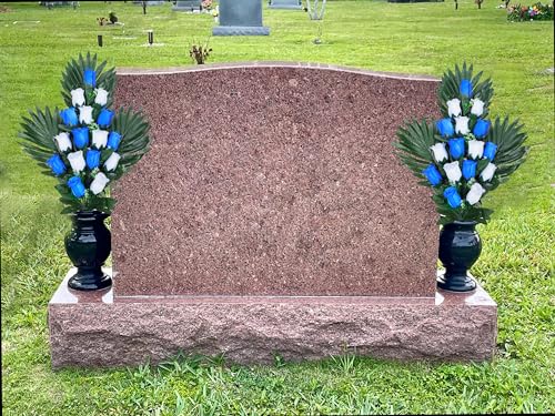 2 Sets Artificial Cemetery Flowers， Outdoor Grave Decorations Roses，Accompanied by 2 Long Nail Vases，Lasting and Non-Bleed Colors (18 Heads (red, Blue, White))
