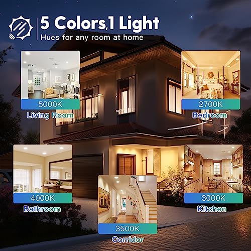 6 Pack 6 Inch 5CCT Ultra-Thin LED Recessed Ceiling Light with Junction Box, 2700K/3000K/3500K/4000K/5000K Selectable, 1050LM Brightness, Dimmable Canless Wafer Downlight, 12WEqv110W, ETL&FCC