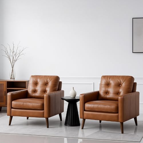 Wahson Office Chairs PU Accent Arm Chair with Tufted Back, Faux Leather Comfy Upholstered Single Sofa, Mid Century Modern Side Club Chair with Wood Legs for Reading/Living Room/Bedroom, Caramel