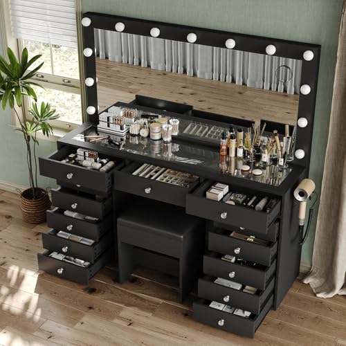 55'' W Makeup Vanity with Power Outlet & Lighted Mirror, Vanity Desk 13 Drawers Glass Top, 3 Lighting Modes Adjustable, Dressing Table with Chair for Bedroom