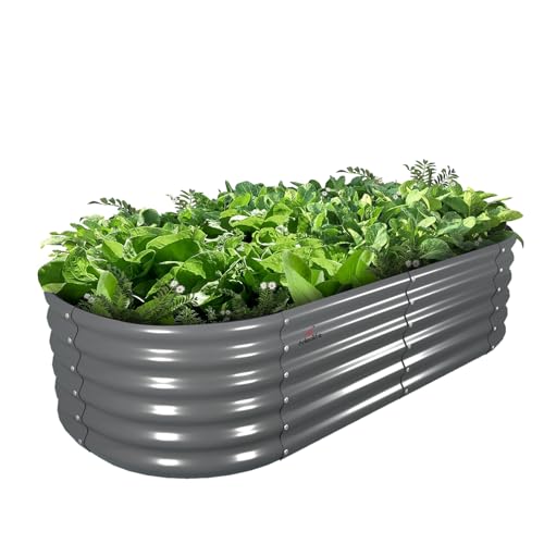 A ANLEOLIFE 8X4X1.5 ft Galvanized Raised Garden Beds Outdoor, Oval Large Metal Planter Box for Planting Vegetables Flowers Herb, Anti-Rust & Easy-Setup, Quartz Grey