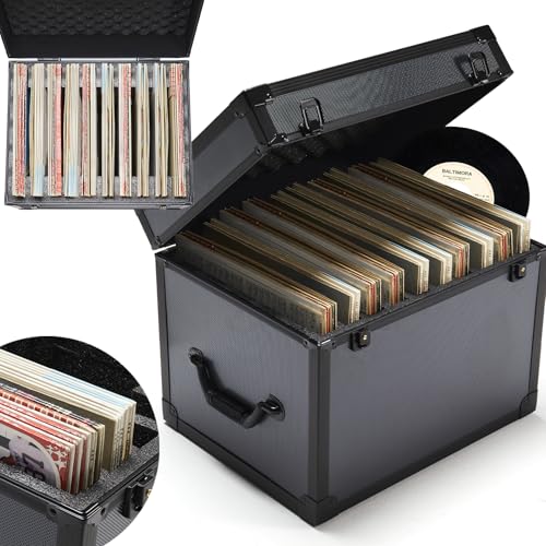 Vinyl Record Storage Case Box Holds 100 Records | High-Density Protective Foam | Record Storage Crate with Lid & 3 Handles | Valuable LP Albums Organizer Cases Collection Records 7/10/12 Inch