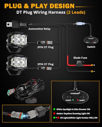 Auxbeam V-MAX Series 72W LED Pod Driving Lights, 4x2.5 Inch Rectangle Side Shooter Offroad Cube Spotlights with Amber DRL, 270° Combo Beam 6 Modes White/Amber/Yellow Auxiliary Lights with Covers