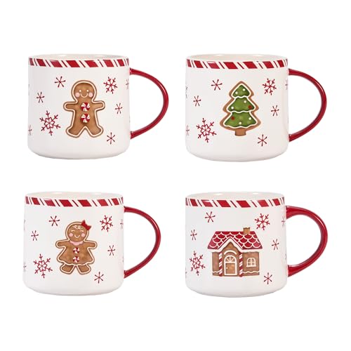 Bico Toile De Jouy Winter Wonderland Ceramic Mug Set of 4, Christmas Coffee Mugs, 16oz Holiday Cups for Tea, Cocoa, or Hot Drinks, Microwave & Dishwasher Safe