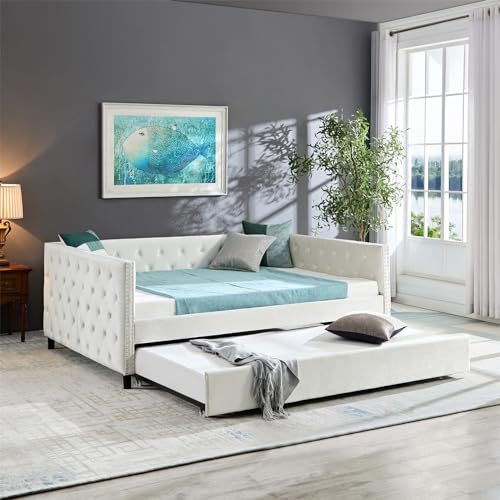 Upholstered Daybed with Trundle, Upgraded Velvet Upholstered Twin Size Day Bed Button-Tufted Sofa Daybed Frame, No Box Spring Needed, Furniture for Bedroom Living Room Guest Room (Twin Size, Beige)