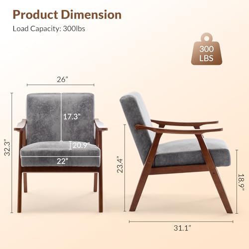 Rovibek Upholstered Accent Chair with Arms - Mid Century Modern Accent Chairs with Wood Frame, Upholstered Arm Chairs with 5.9in Thick Foam, Beige Occasional Chair, Set of 2