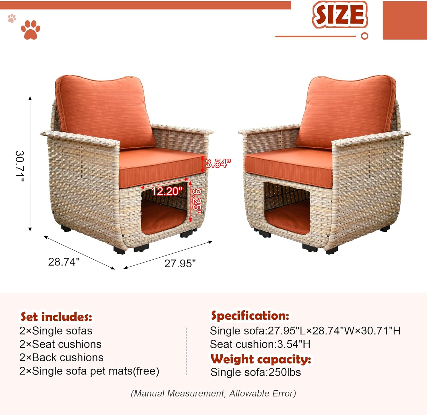 ovios Patio Chair Set Outdoor Furniture Conversation Sets with Pet House Wicker Rattan Sofa Patio Bistro Set High Back Chairs for Porch Deck Backyard (Beige Wicker-Orange Red)