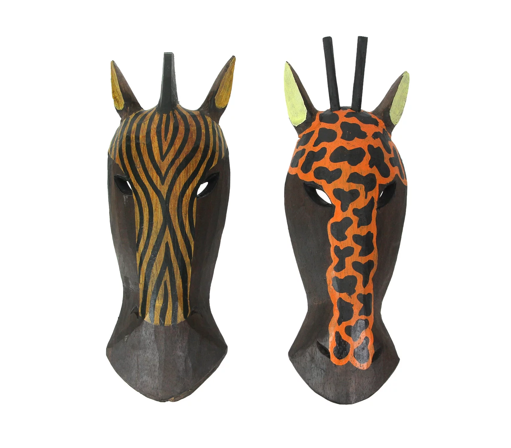 Zeckos Hand Carved Wood African Zebra Giraffe Mask Wall Décor Set of 2