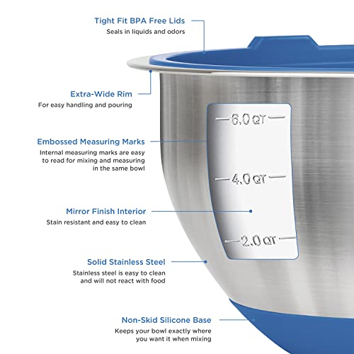 VIKING Culinary Stainless Steel Mixing Bowl Set, 10 piece, Non-slip Silicone Base, Includes Airtight Lids, Dishwasher Safe, Grey