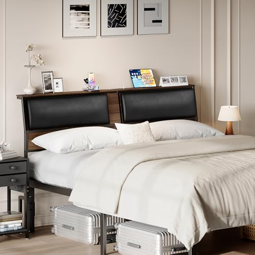 HOOBRO King Size Headboard, Upholstered Headboard with Charging Station, with Top Storage Shelf and Bed Frame Adapters, Height Adjustable, for King Size Bed Frame, Walnut and Black