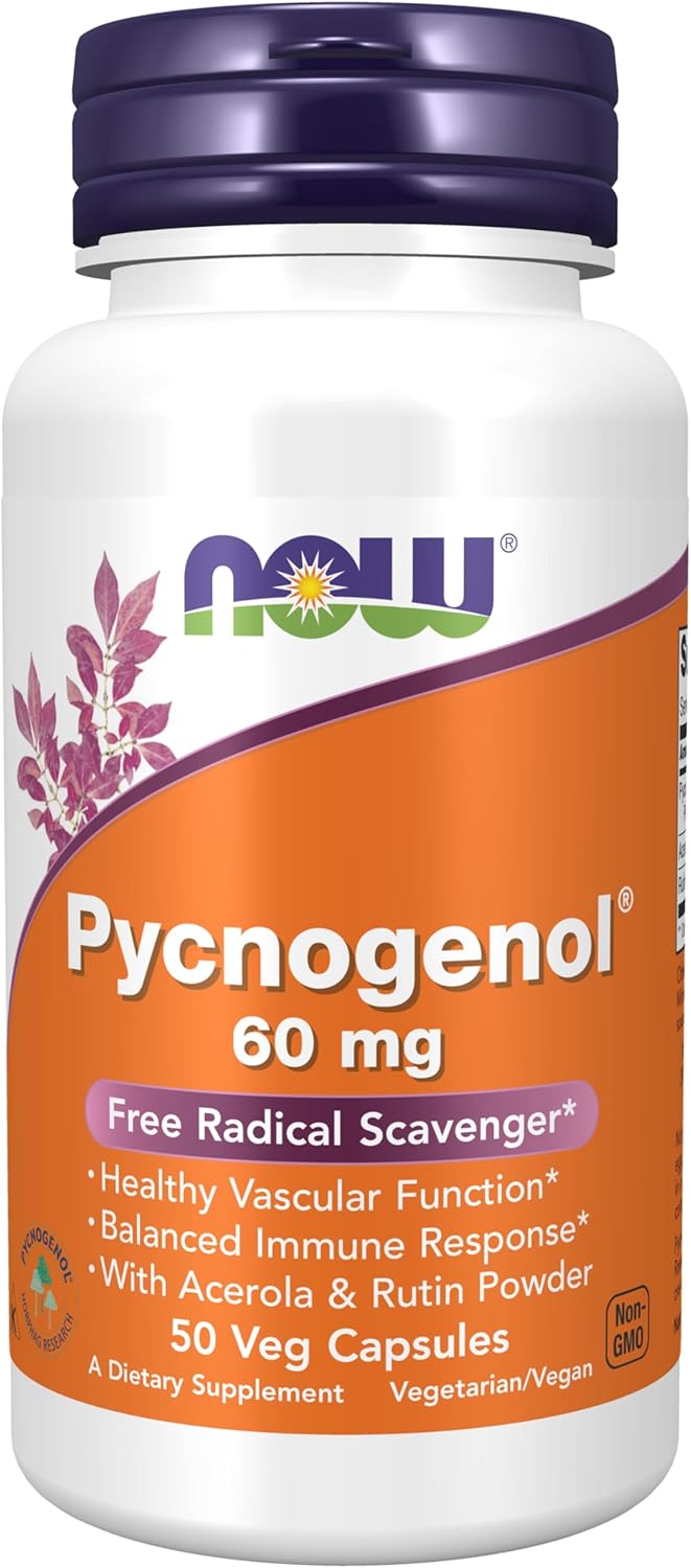 NOW Supplements, Pycnogenol 60 mg (a Unique Combo of Proanthocyanidins from French Maritime Pine) with Acerola & Rutin Powder, 50 Veg Capsules