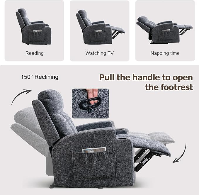 Phoenix Home Manual Recliner Chair with Massage and Heat Ergonomic Overstuffed Breathable Fabric Reclining Chair with 2 Side Pockets, 2 Cup Holders, Remote Control, Living Room, Bedroom, Gray