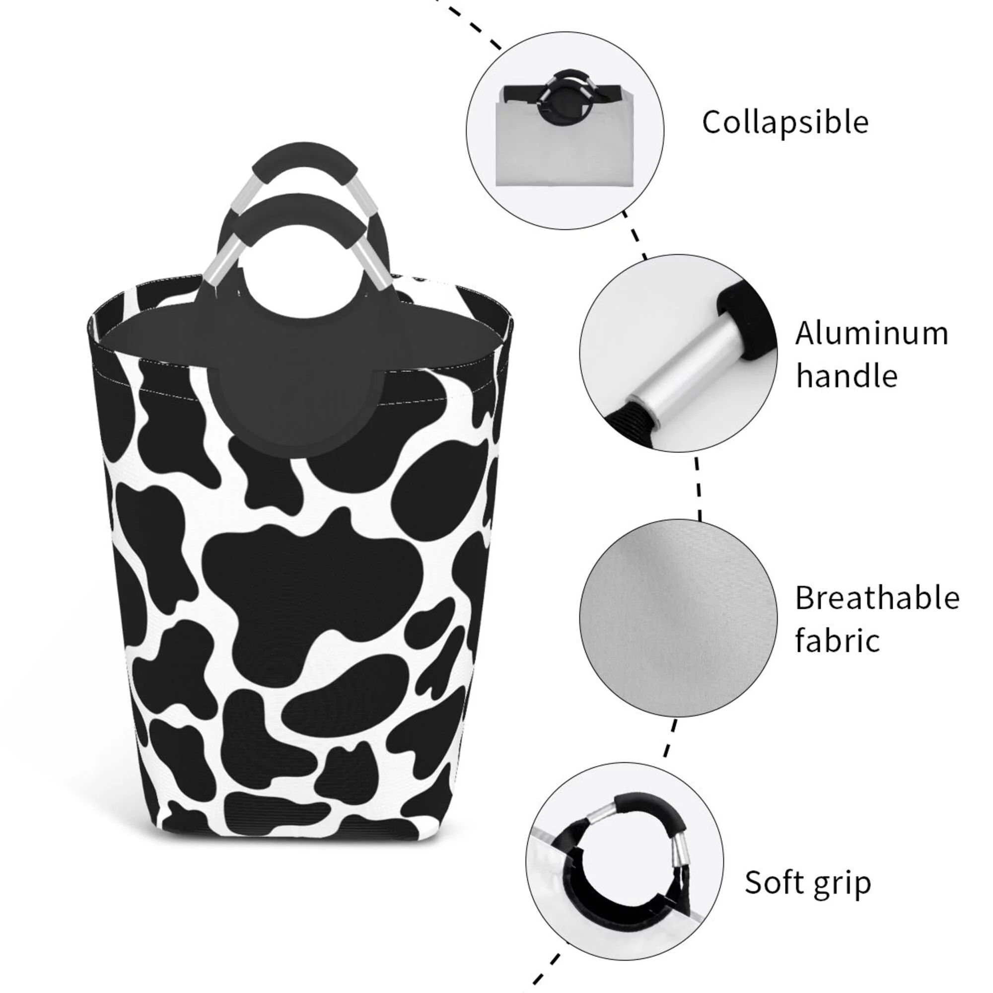 TEQUAN 50L Large Rectangular Laundry Hamper with Aluminum Handles, Abstract Black and White Cow Stria Prints Waterproof Foldable Dirty Clothes Basket