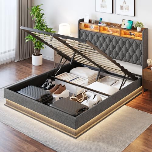 Queen Bed Frame with Storage - Lift Up Queen Size Bed Frame with Headboard, Upholstered Platform Bed with LED Lights & Charging Station, Hydraulic No Box Spring Needed Wood Slats Support, Grey