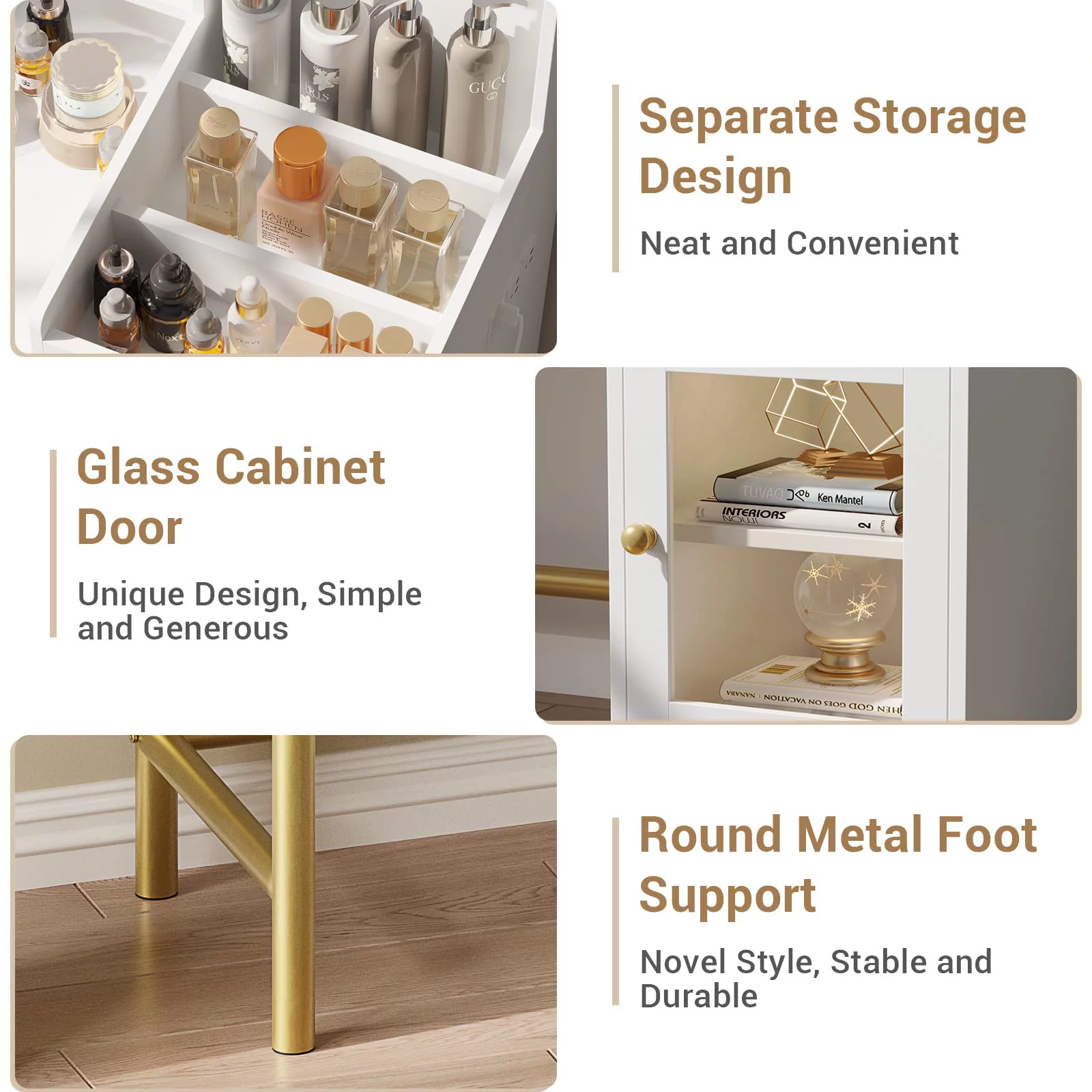 Vanity Desk with Lights in 3 Colors, Makeup Vanity with Charging Station, Unique Separation Design, White