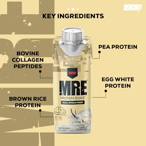 REDCON1 MRE Ready to Drink Protein Shakes, Cookies & Cream - Lactose + Whey Free RTD Protein Made with Real Whole Food Protein Blends - Keto-Friendly and Easy to Digest Nutritional Shake (12 Pack)