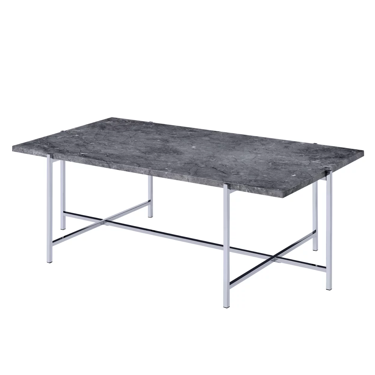 Marble Top Coffee Table with Trestle Base , Gray and Silver- Saltoro Sherpi