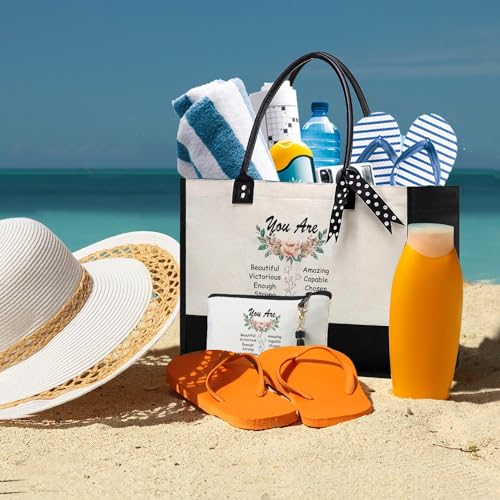 BeeGreen Mother's Day Gifts Personalized Women's Large White and Black Canvas Tote Bag, Embroidered Initials, Leather Handle, Zipper Closure