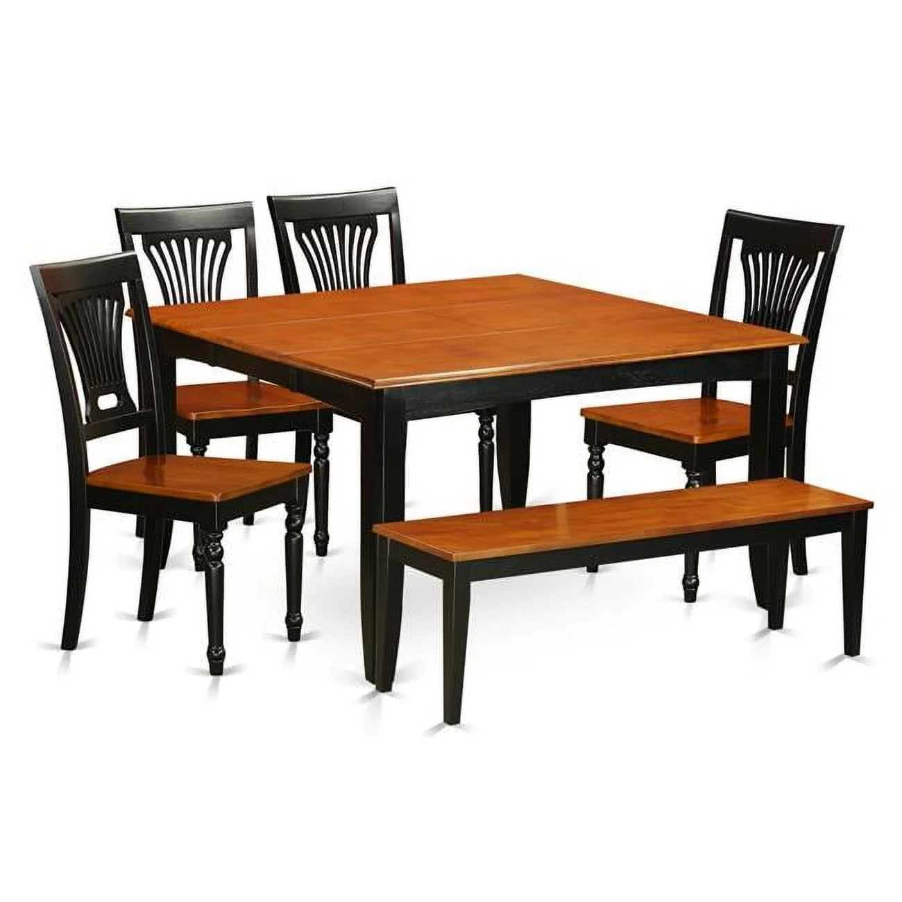Dining Room Set - Table & 4 Solid Wood Chairs Plus One Bench, Black & Cherry - 6 Piece