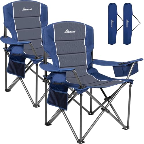 Romswi Oversized Camping Chairs,Heavy Duty Support 500 LBS,Padded Back & Arm Sport Chairs, Cup Holder Cooler Bag, Collapsible Folding Chairs for Outdoor, Fishing & Garden, Blue,2-Pack