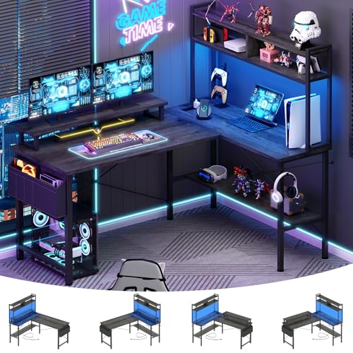 Aheaplus L Shaped Gaming Desk with Power Outlets & LED Lights, Small L- Shaped Desk Computer Corner Desk with Monitor Stand & Storage Shelf, Home Office Desk Writing Desk with Storage Bag, Black
