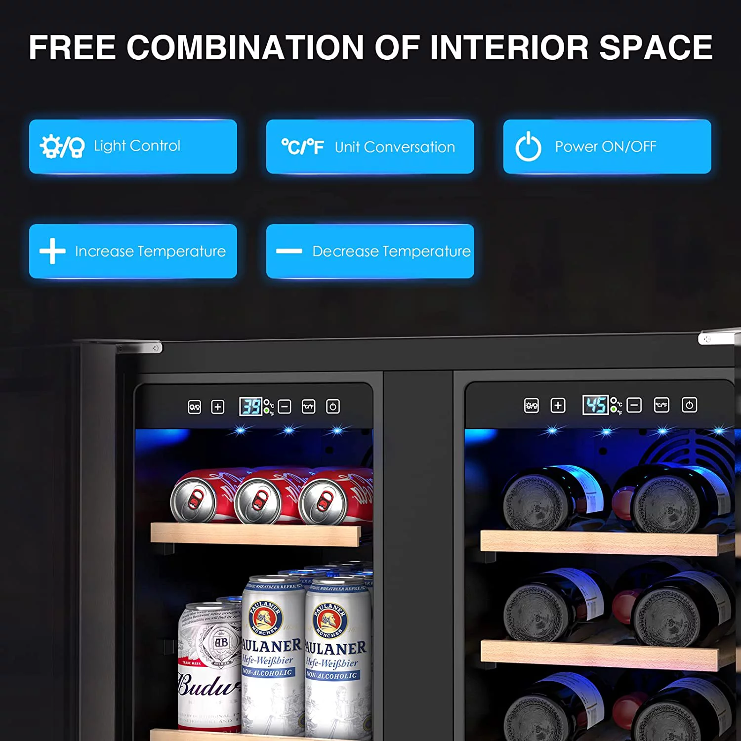 Rocita Dual Zone Wine Cooler Beverage Refrigerator, 24 inch Wine Coolers Fridge Side by Side Refrigerator Glass Fridge with Safety Locks for 20 Bottles and 57 Cans