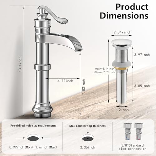 Vessel Sink Faucet, Oil Rubbed Bronze Black Bathroom Faucet, Farmhouse Waterfall Sink Faucet Single Hole with Pop Up Drain Assembly Without Overflow One Hole Mixer Tap Deck Mount