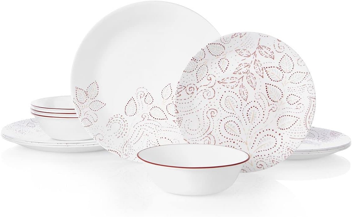 Corelle Leaf Stitch 12-Piece Dinnerware Set Service for 4 red, White