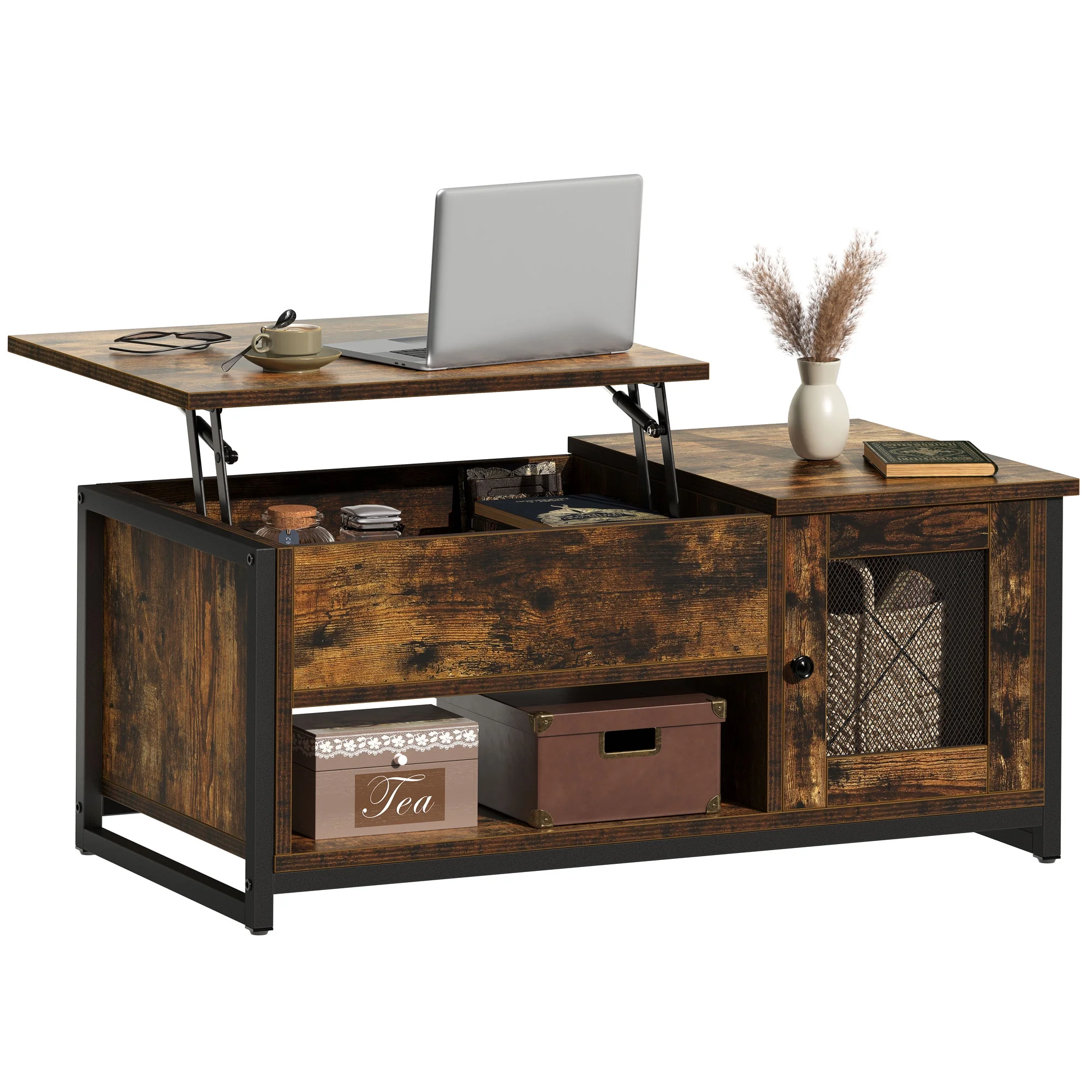 Dextrus Lift Top Coffee Tables with Storage, Double Doors Cocktail Table for Living Room, Rustic Brown