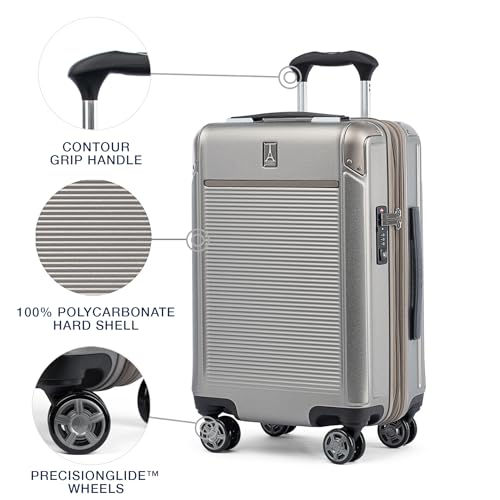 Travelpro Platinum Elite Hardside Expandable Carry on Luggage, 8 Wheel Spinner, TSA Lock, Hard Shell Polycarbonate Suitcase, Metallic Sand, Compact Carry on 20-Inch
