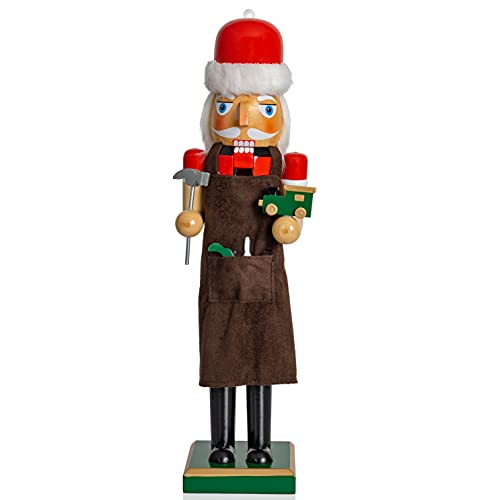 Ornativity Christmas Toy Maker Nutcracker - Red and Green Wooden Nutcracker Man with Brown Workers Apron and Toy Car and Toy Hammer in Hand Xmas Themed Holiday Nut Cracker Doll Figure Decorations 15