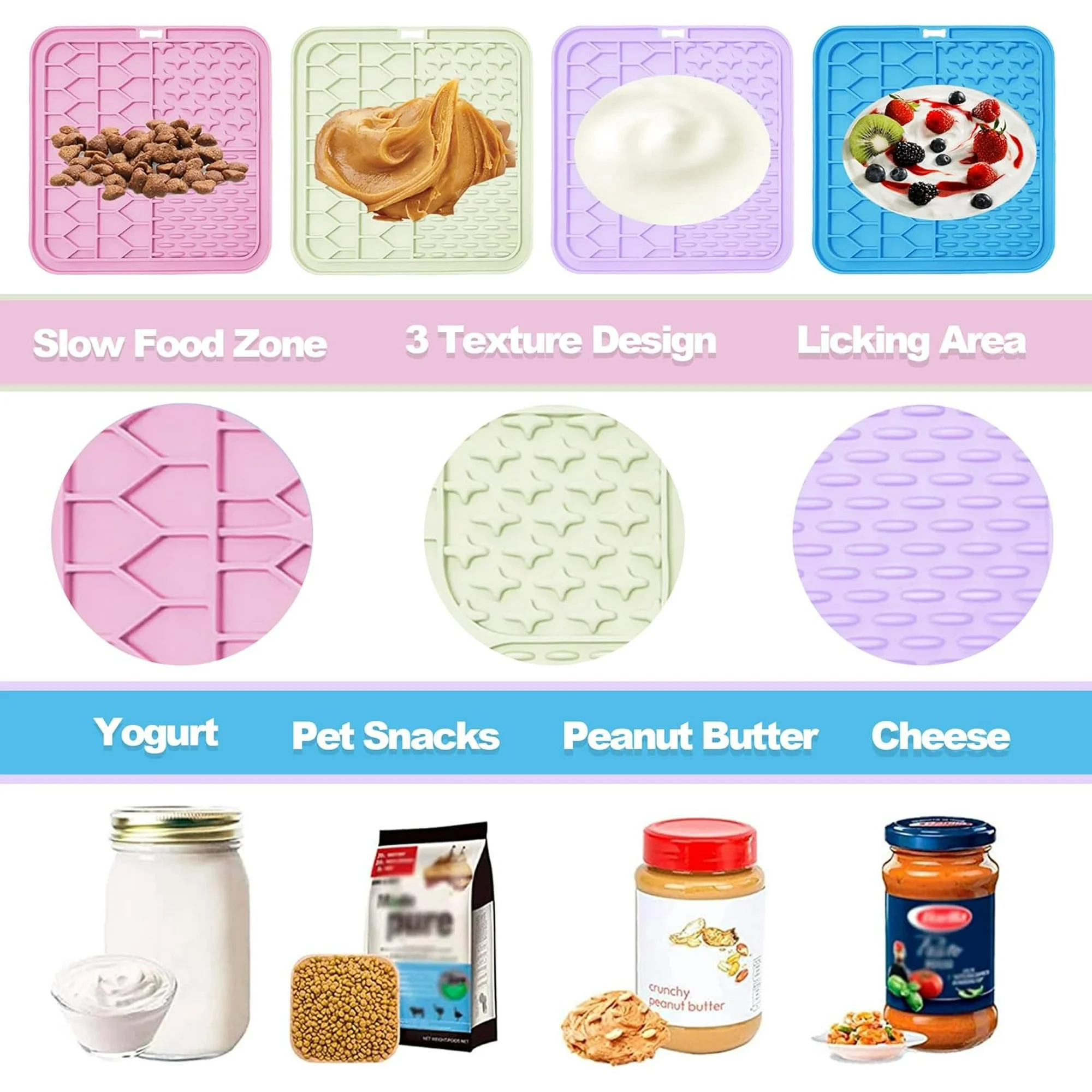 Lick Mat for Dogs and Cats，Cat Licking Pad with Suction Cups for Dog Anxiety Relief，Dog Peanut Butter Lick Pads for Dogs Perfect for Bathing Grooming,Slow Feeders for Dogs and Cats,4Pack