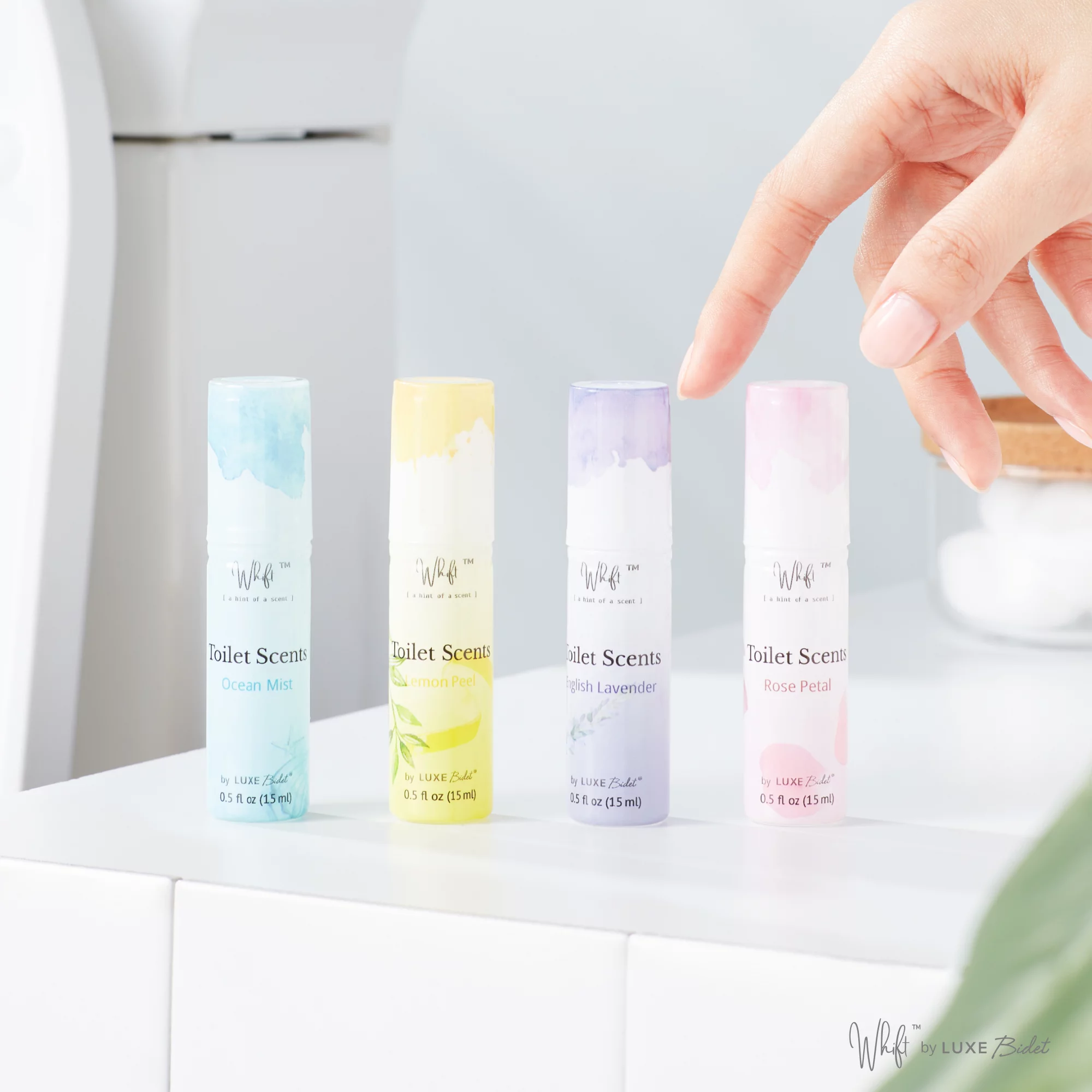 Whift Toilet Scents Drops by LUXE Bidet, Value 4-Pack (Rose Petal, Lemon Peel, English Lavender, Ocean Mist) 0.5 oz / 15 mL each