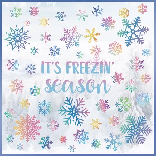 Gueevin 8 Sheets Winter Snowflake Window Clings Pastel Christmas Window Clings Iridescent Winter Decals with Static Cling Stickers for Seasonal Home Fridge Holiday Party Decorations