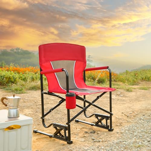 Portable Folding Rocker Camping Chair with Solid Armrests, Drink Holder, Comfortable Backrest - 250 lbs Capacity & Spring - Action Rocking Technology​ (Blue)