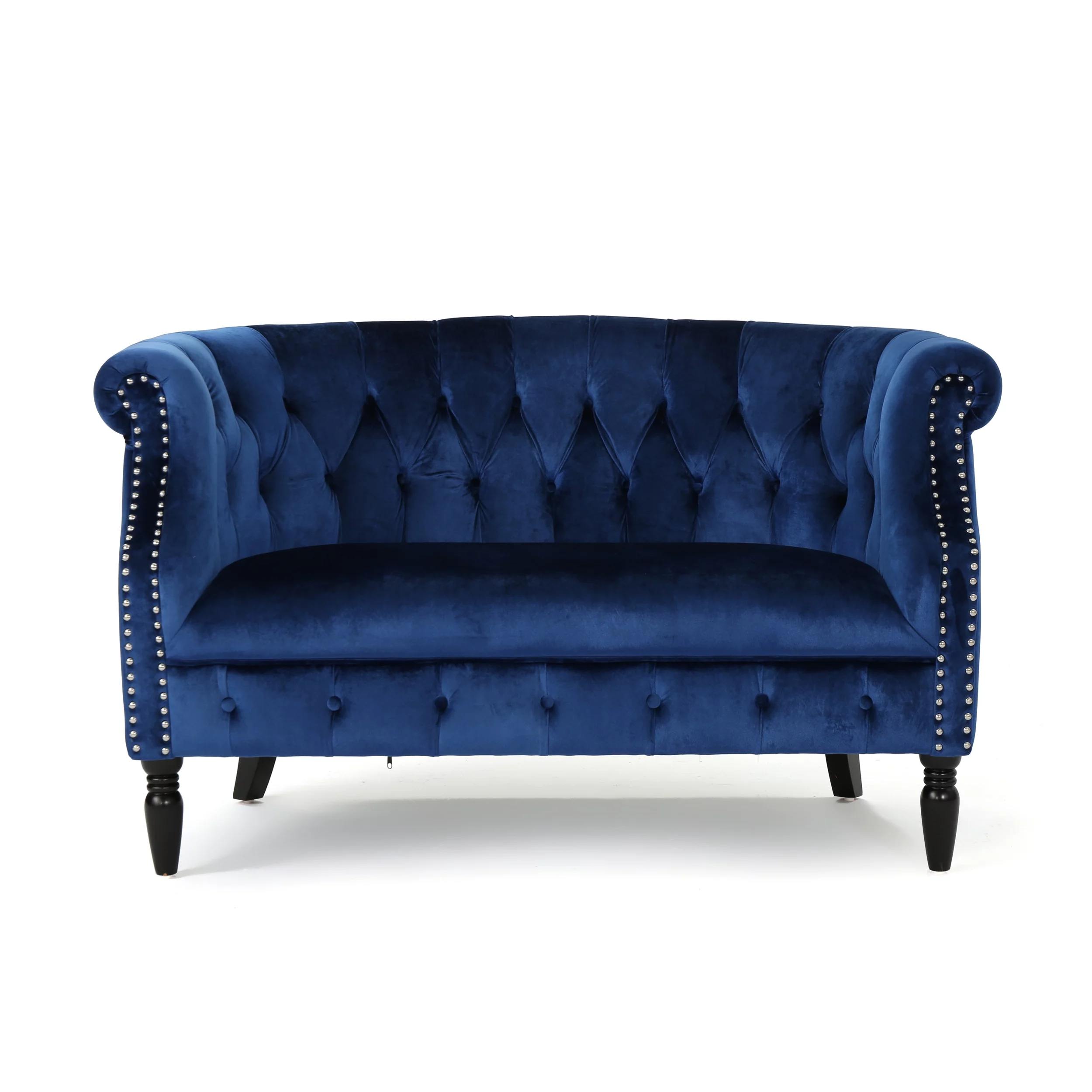 Melaina Tufted Chesterfield Velvet Loveseat with Scrolled Arms, Navy Blue and Dark Brown
