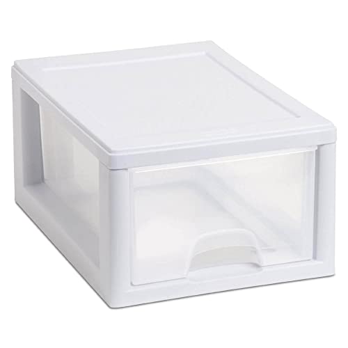 Sterilite 4-Pack 27 Quart Stacking Drawer, Clear Storage Closet Organizer, White Frame - Stackable Modular Plastic Drawers for Clothes, Accessories, Craft Supplies, Shoes or Linens