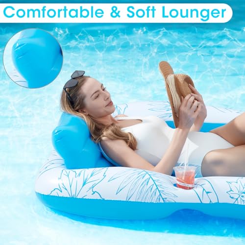 Inflatable Adult Pool Lounger Float - BAIAI Large Beach Sun Tanning Floaty Raft Sunbathing Water Lounge Floaties Tub with Drink Holder - Blow Up River & Lake Suntan Floating Swimming Mattress Mat(L)