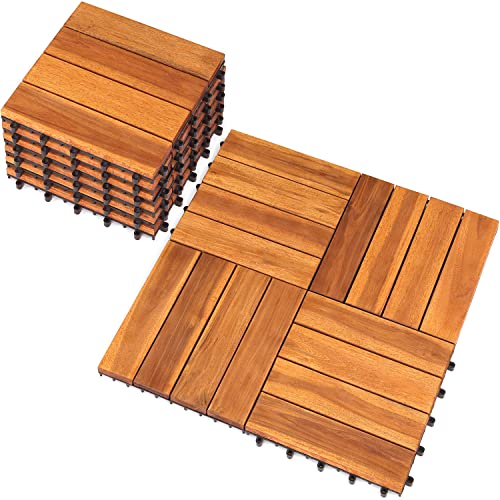 Solid Wood Interlocking Flooring Tiles (Pack of 10, 12